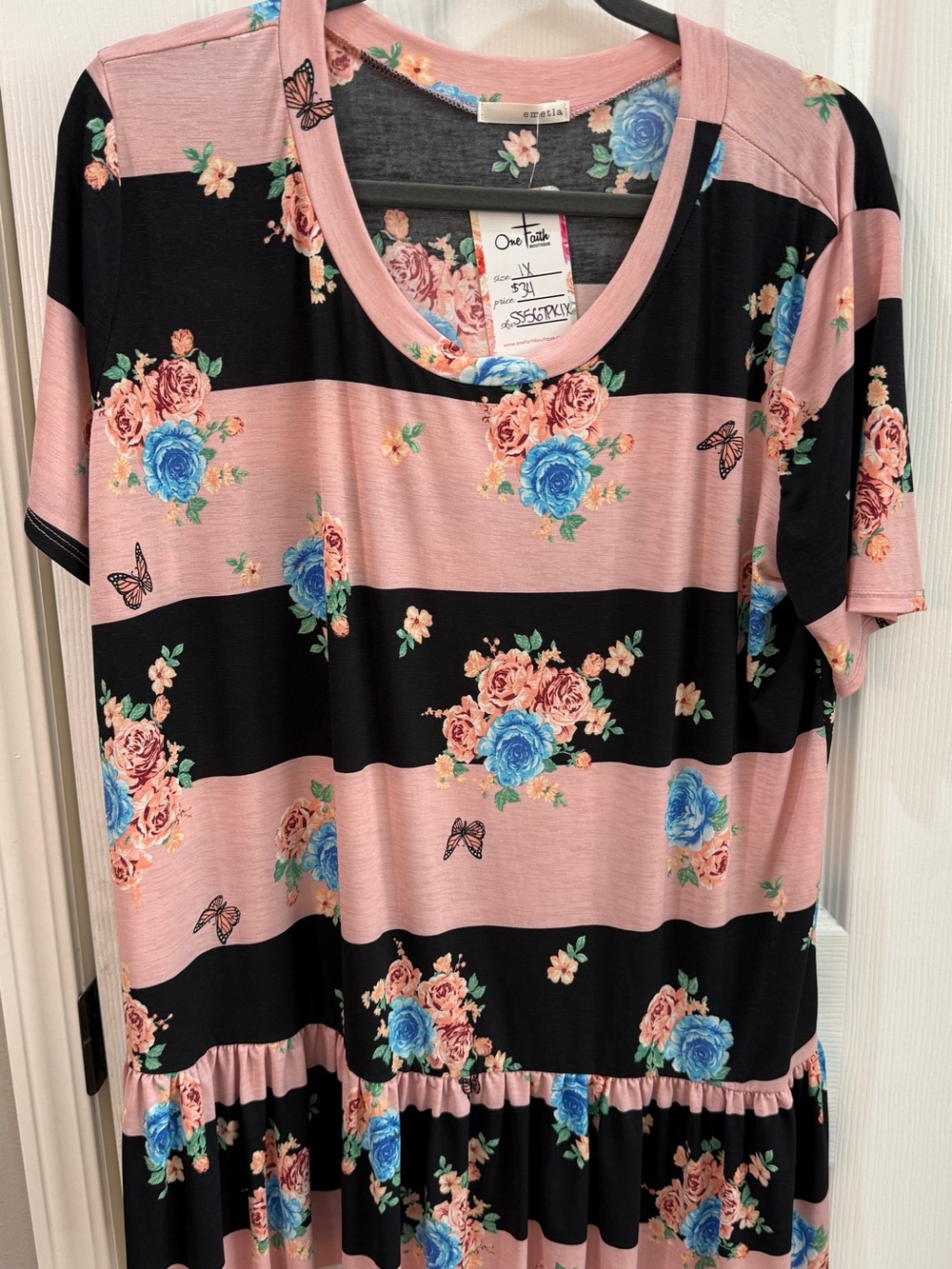 One Taste Women’s Pink & Black Floral Stripe Tunic